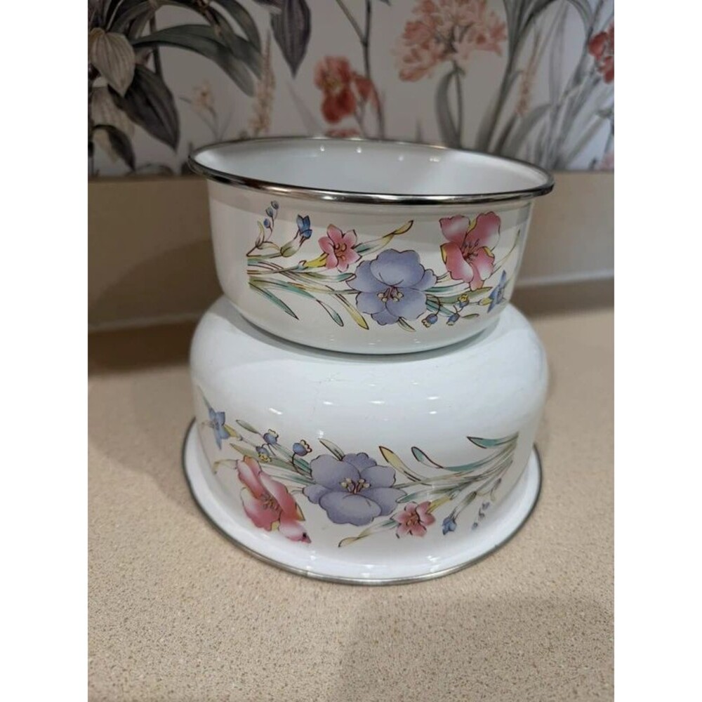 Vintage Floral Enamel Nesting Metal Bowls Set of 2
